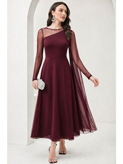 Jane's Kadın Uzun Kollu Yarı Balıkçı Yaka Tül Detaylı Uzun Sandy Elbise