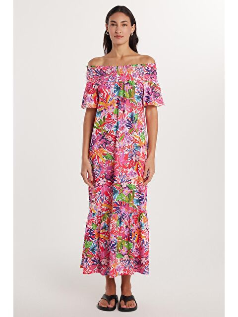 TUDORS Kadın Slim Fit Dar Kesim Kısa Kollu Gofre Kumaş Straplez Baskılı Elbise - S000520535-23173