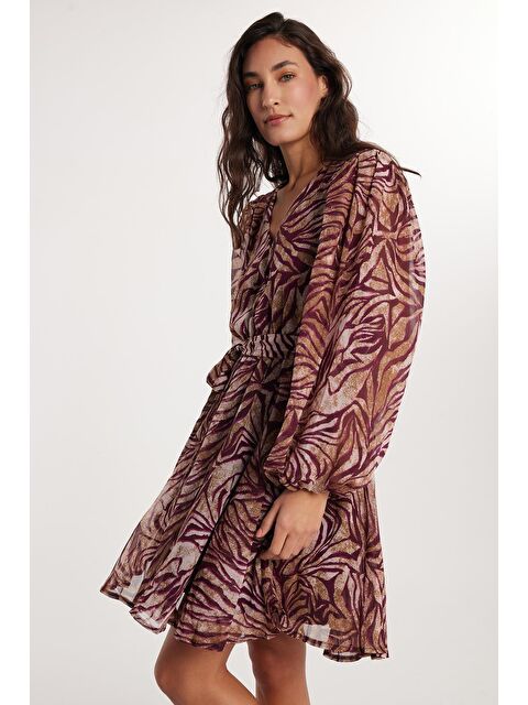 TUDORS Kadın Standart Fit Uzun Kollu Lastikli V Yaka Kloş Elbise - S000520536-23173