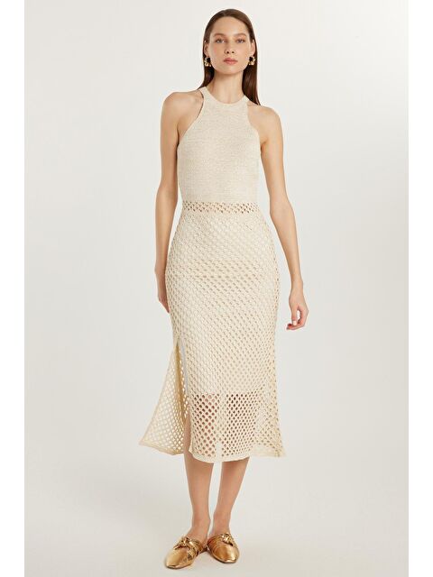 TUDORS Kadın Standart Fit Örme Detaylı Bisiklet Yaka Ekru Elbise - S000520544-19965