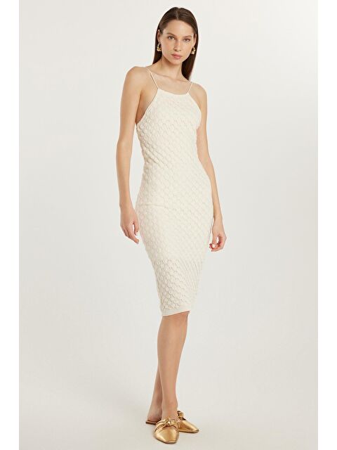 TUDORS Kadın Standart Fit İnce Askılı Desenli U Yaka Ekru Elbise - S000520547-19965