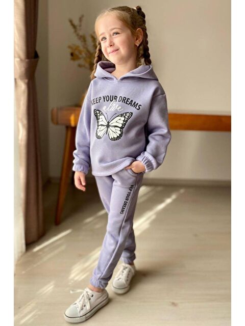 Riccotarz Kız Çocuk Bilekleri ve Paçası Lastikli Kelebek ve Yazı Figürlü Lila Eşofman Takım - S000302829-17878