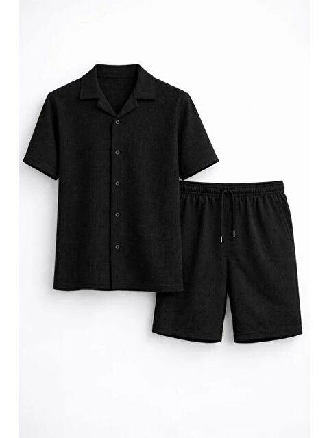Jane's Erkek Waffle Kumaş Kısa Kollu Gömlek Şort Takım Regular Fit Yazlık İkili Set - Siyah - S000528963-19351