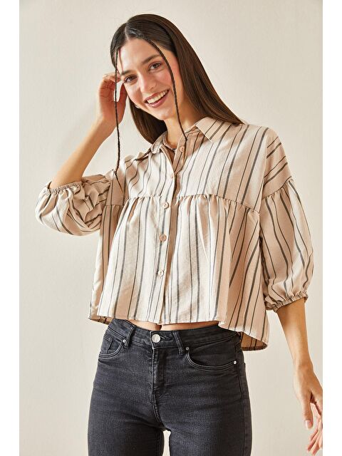 Xhan Bej Çizgili Balon Kol Crop Gömlek 5YXK2-48403-25 - S000176170-19928