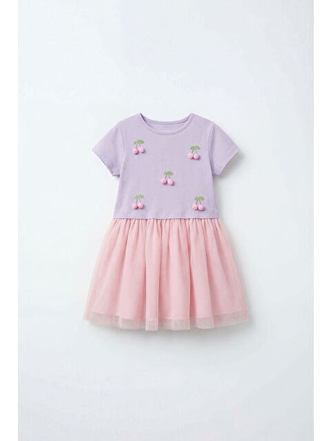Magu Kız Çocuk Pamuklu Lila Kiraz Aplikeli Tül Elbise