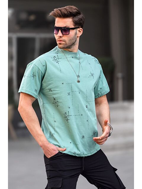 Madmext Mint Yeşili Bisiklet Yaka Baskılı Erkek %100 Pamuk Tişört 6093 - S000015989-17259