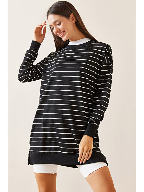 Xhan Siyah Bisiklet Yaka Çizgili Sweatshirt 5YXK8-48919-02 - S000272560-19351