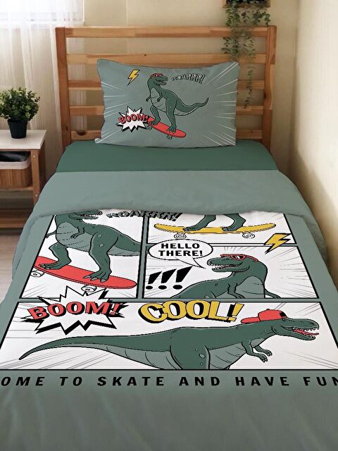 Evmila Çift Taraflı Dinozor Desenli Çarşafsız Takım Tek Kişilik Nevresim Takımı 160x220 Cm - S000123785-23173