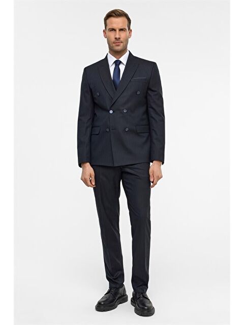 Süvari Lacivert Slim Çizgili Kruvaze Yaka 6 Drop Takım Elbise