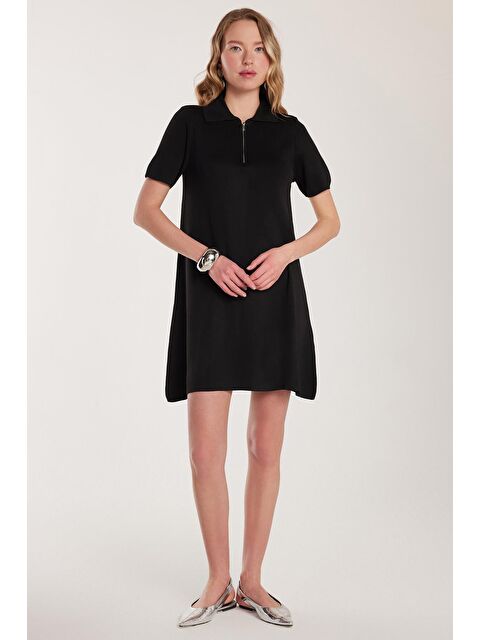 TUDORS Kadın Standart Fit Kısa Kollu Fermuarlı Gömlek Yaka Siyah Elbise - S000520551-19351