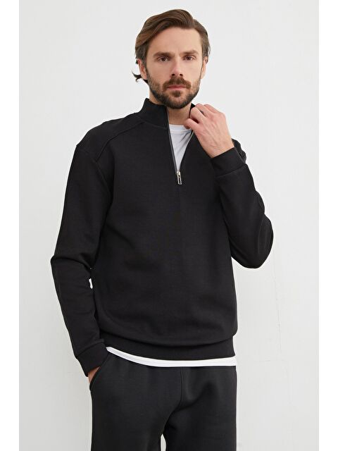 Fullamoda Dik Yaka Yarım Fermuarlı Büyük Beden Sweatshirt - S000444520-19351