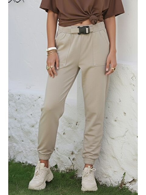 Chiccy Bej Kemer Tokalı Lastikli Bel Lastikli Paça Casual Gabardin Dokuma Pantolon 100 55