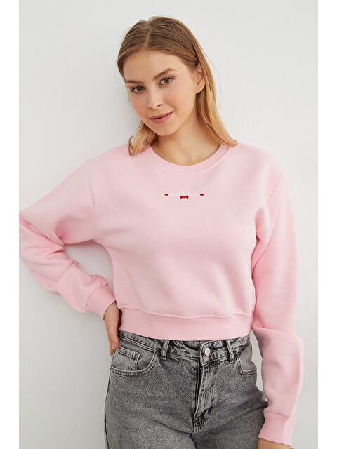 Fullamoda 3 İplik Ayıcık Nakışlı Crop Sweatshirt - S000469634-20024