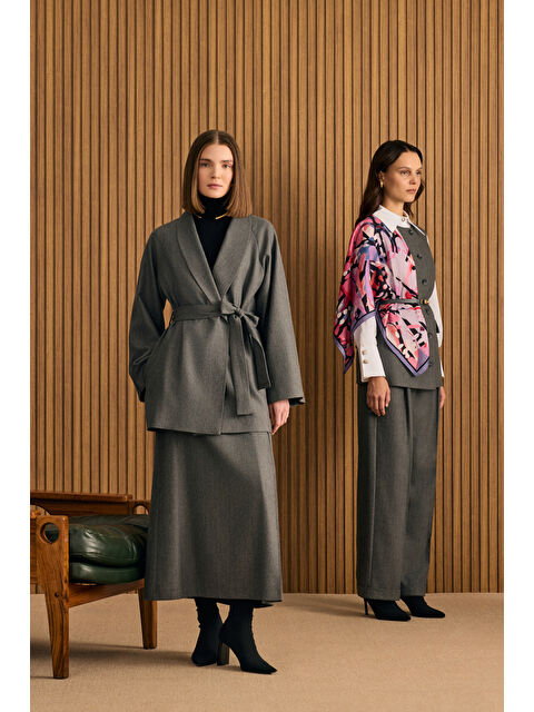 AKER Antrasit Şal Yaka Seyyar Kuşaklı Ceket - S000488918-29666