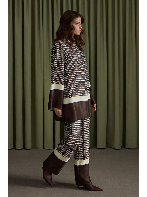 AKER Kahverengi Koza Desenli Beli Lastikli Viscon Pantolon - S000488919-19413