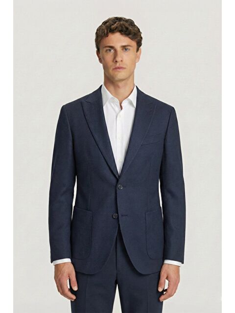 Sabri Özel Erkek Koyu Lacivert Slim Fit Sivri Yaka Diyagonal Desenli 6 Drop Tam Astarlı Takım Elbise - S000524010-29672