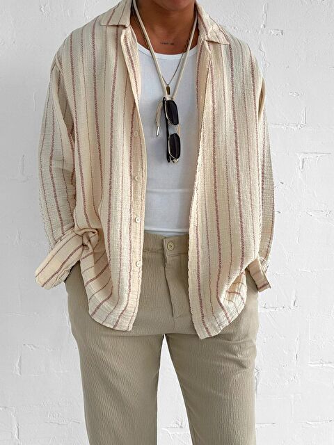 Abluka Online Erkek Oversize Pamuklu Yumuşak Dokulu Çizgili Gömlek Kırmızı Bej - S000491651-20045