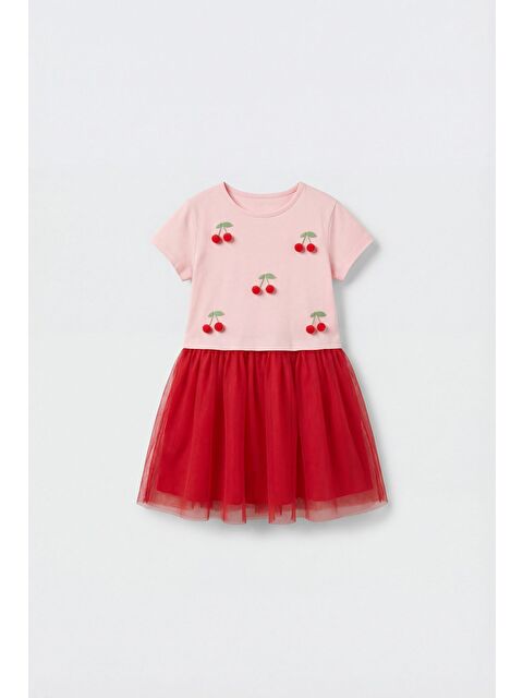 Magu Kız Çocuk Pamuklu Pembe Kiraz Aplikeli Tül Elbise