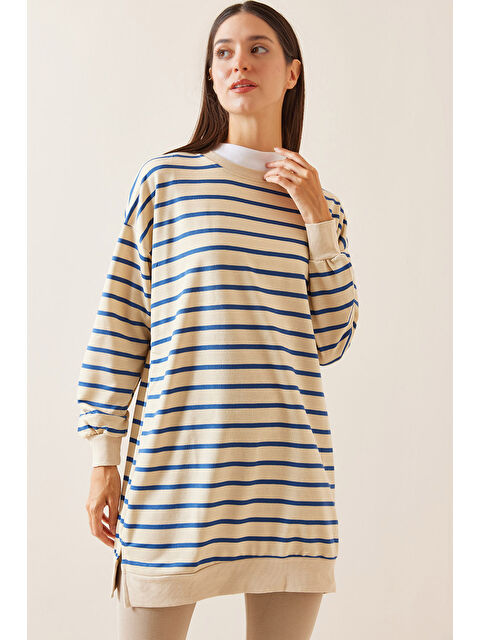 Xhan Mavi Bisiklet Yaka Çizgili Sweatshirt 5YXK8-48917-12 - S000272561-17234