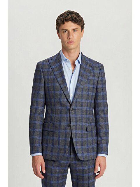 Sabri Özel Giotelli Gri Slim Fit Ekose Desenli Mono Yaka Takım Elbise - S000524012-29351