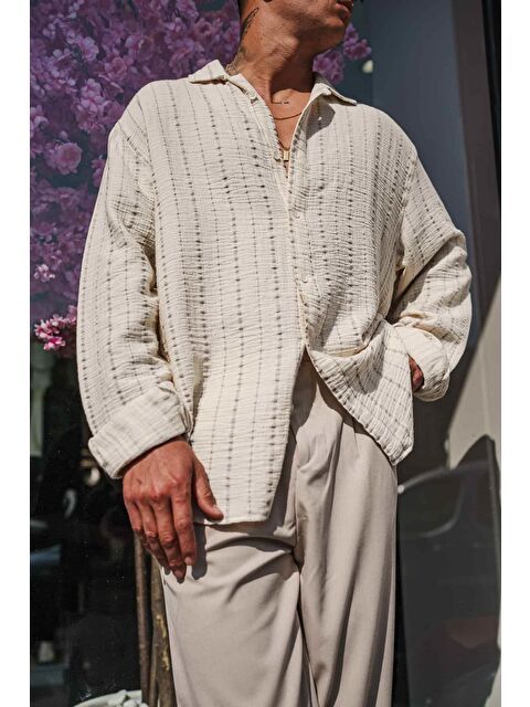 Abluka Online Erkek Oversize Pamuklu Yumuşak Dokulu Çizgili Gömlek Gri Bej - S000491651-20600