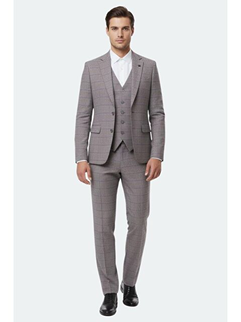 Sabri Özel Bordo Regular Fit Kareli Mono Yaka Yelekli Takım Elbise - S000524015-19951