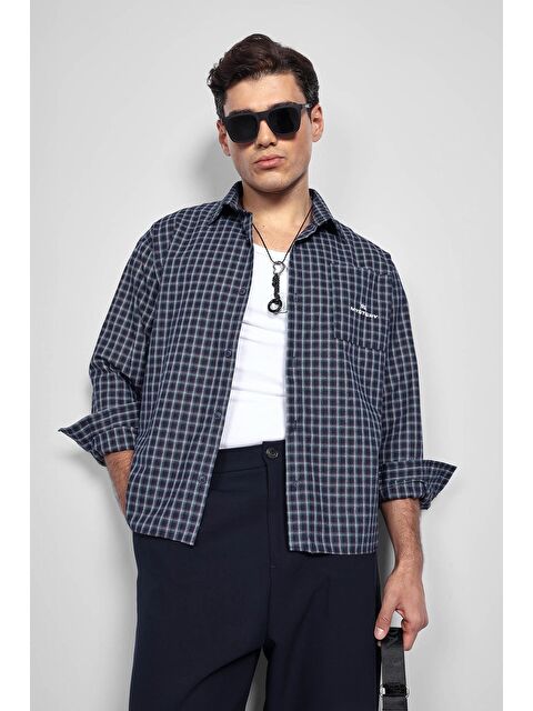Abluka Online Erkek Boxy Fit Oversize Ekose Uzun Kollu Gömlek Lacivert - S000491653-21164