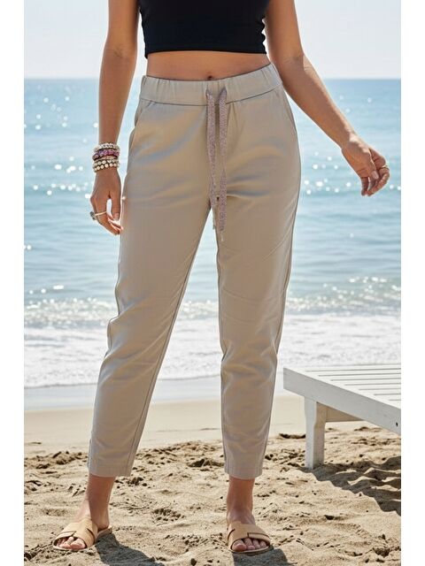 Chiccy Bej Cepli Yıkamalı Lastikli Ve Bağlamalı Bel Dar Paça Casual Dokuma Pantolon 99 60