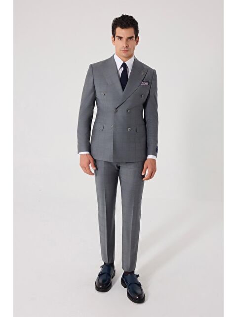 Sabri Özel Erkek Açık Antrasit Slim Fit Ekose Kruvaze Yaka Yün Karışımlı Takım Elbise