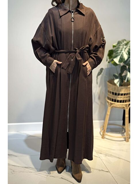 Remsa Önden Fermuarlı Tek Kolu Taş Detay İçten Kemerli Kap Ceket 6881 Kahverengi - S000463863-19413