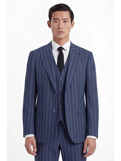 Sabri Özel Erkek Viskon Karışımlı 8 Drop Klasik Lacivert Yelekli Takım Elbise - S000524019-21164