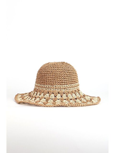 Haşema Dokuma Detaylı Toprak Bej Renk Örme Hasır Plaj Şapkası 19041