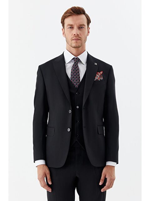 Sabri Özel Erkek Siyah Slim Fit Yün Karışımlı Mono Yaka Yelekli 6 Drop Takım Elbise - S000524024-19351