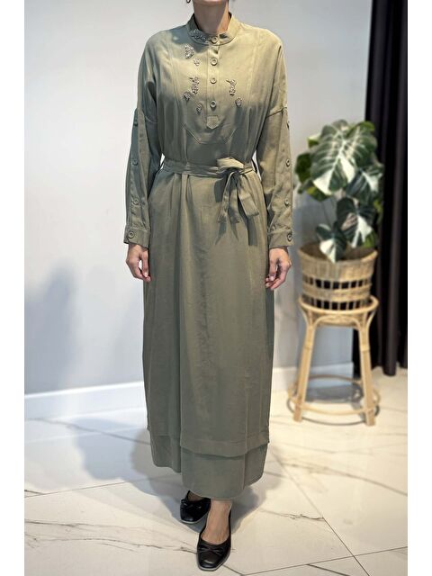 Remsa Kolları Ve Etek Altı Düğme Detaylı Elbise 6701 Haki - S000463865-18547