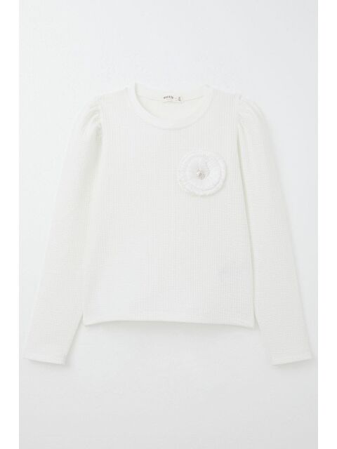 Breeze Kız Çocuk Uzun Kollu Tişört Taşlı Gül Armalı Ekru (9-14 Yaş) - S000332630-19965