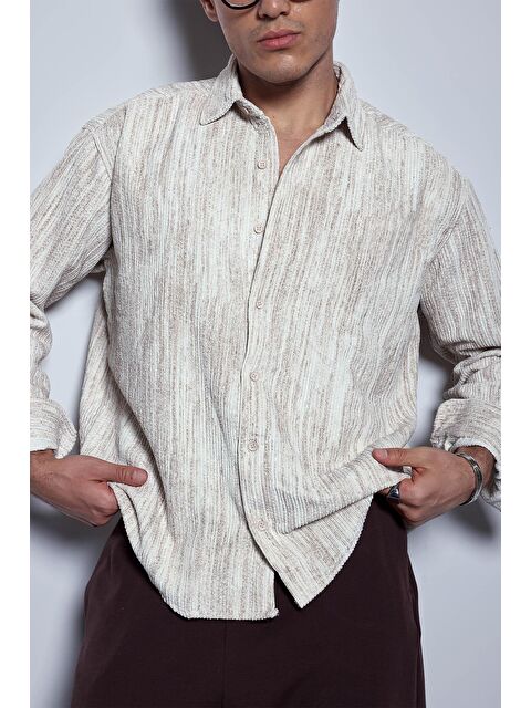 Abluka Online Erkek Oversize Kadife Dokulu Gömlek Bej - S000491656-19928