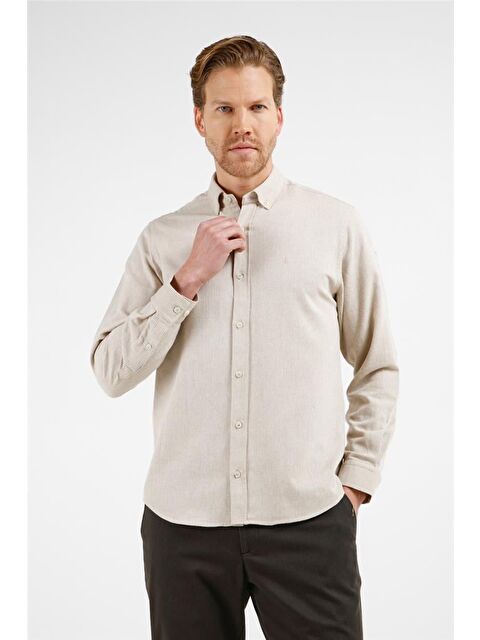 İMZA Bej - Taba Düğmeli Yaka Uzun Kol Cepsiz Slim Fit Pamuklu Gömlek 1004255233