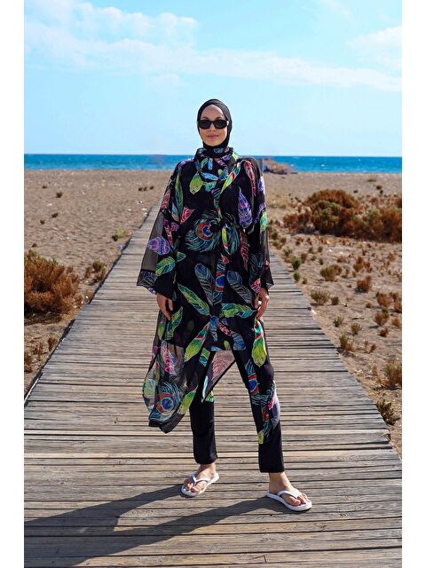 Remsa Mayo Tesettür Mayo Üzerine Tek Kaftan Kimono Pareo RP004C Yeşil Tavus Kuşu - S000125800-19351