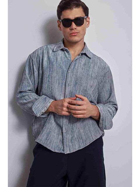 Abluka Online Erkek Oversize Kadife Dokulu Gömlek Mavi - S000491656-17234