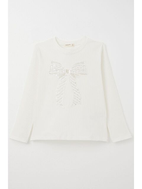 Breeze Kız Çocuk Uzun Kollu Tişört Tül Fiyonk Armalı Pullu Ekru (9-14 Yaş) - S000332633-19965