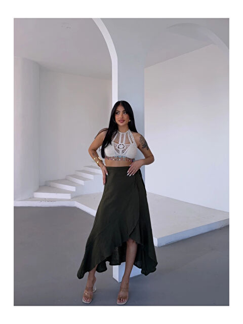 Hazelin Kadım Haki Belden Bağlamalı Asimetrik Müslin Etek HZL25S-DSB117801 - S000385264-18547