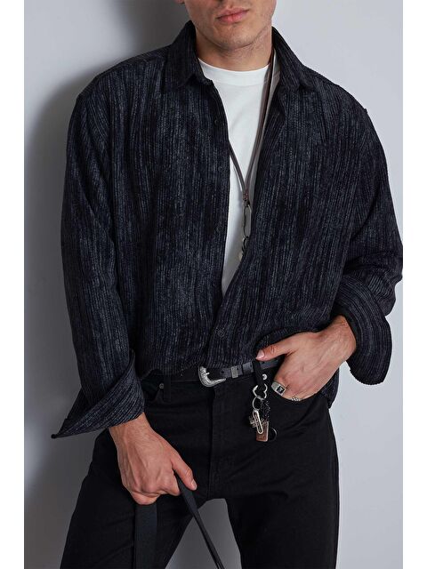 Abluka Online Erkek Oversize Kadife Dokulu Gömlek Siyah - S000491656-19351