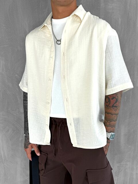 Abluka Online Erkek Oversize Kısa Kollu Müslin Gömlek Bej - S000491657-19928