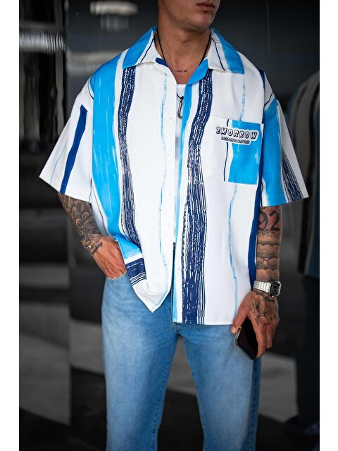 Abluka Online Erkek Süper Oversize Desenli Kısa Kollu Gömlek Mavi - S000491659-17234