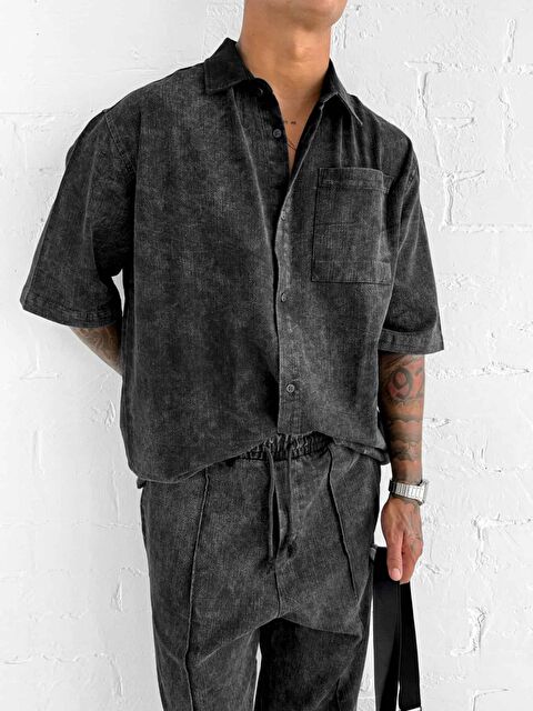 Abluka Online Erkek Kısa Kollu Yıkamalı Oversize Gömlek Siyah - S000491660-19351