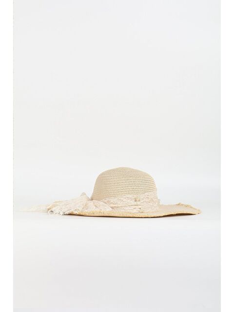 Haşema Kurdele Detaylı Krem Renk Hasır Plaj Şapkası 19056