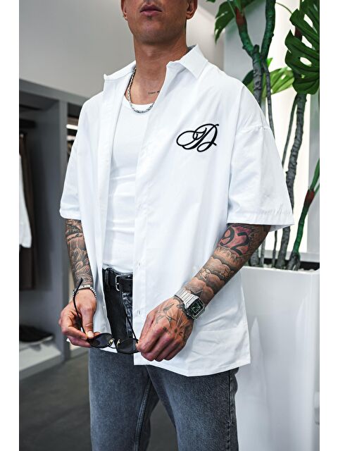 Abluka Online Erkek Nakışlı Kısa Kollu Oversize Gömlek Beyaz - S000491662-20063