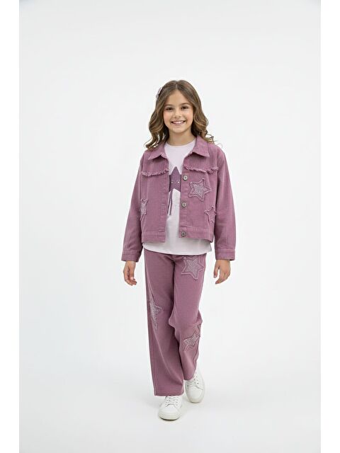 Cansın Mini Gül Kurusu Taşlı Yıldız Nakışlı Jean Ceketli 3lü Pantolonlu Kız Takım 23439 - S000492744-20028