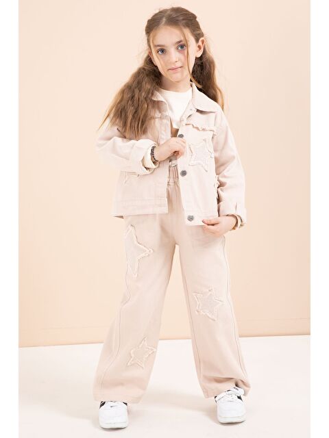 Cansın Mini Bej Taşlı Yıldız Nakışlı Jean Ceketli 3lü Pantolonlu Kız Takım 23438 - S000492744-19928