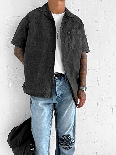 Abluka Online Erkek Yıkamalı Küba Yaka Oversize Kısa Kollu Gömlek Siyah - S000491663-19351